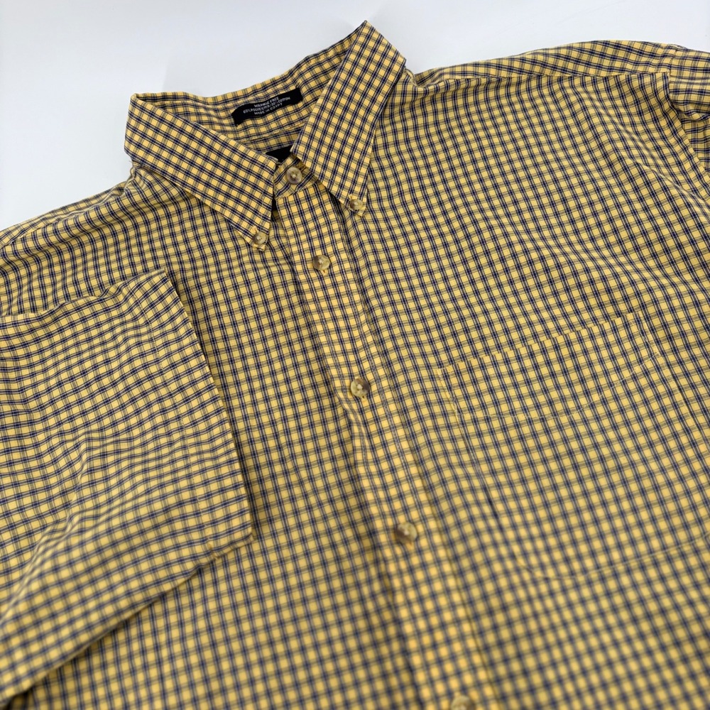 Arrow Mens XL Yellow Navy Blue Plaid Check Short Sleeve Button Down‎ Shirt